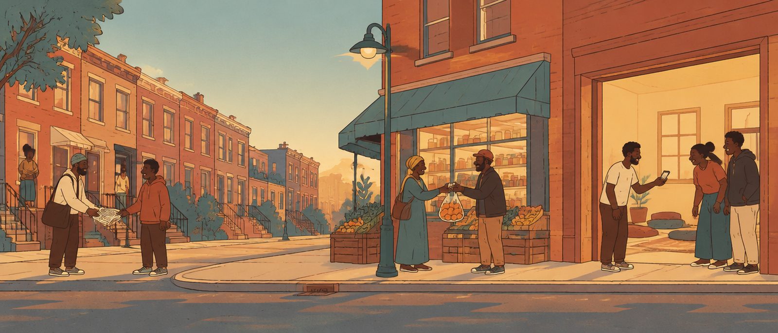 A drawing of one street made of three places we film: Philadelphia stoops, a New York corner store and a lit doorway, with neighbours handing things to each other along it.