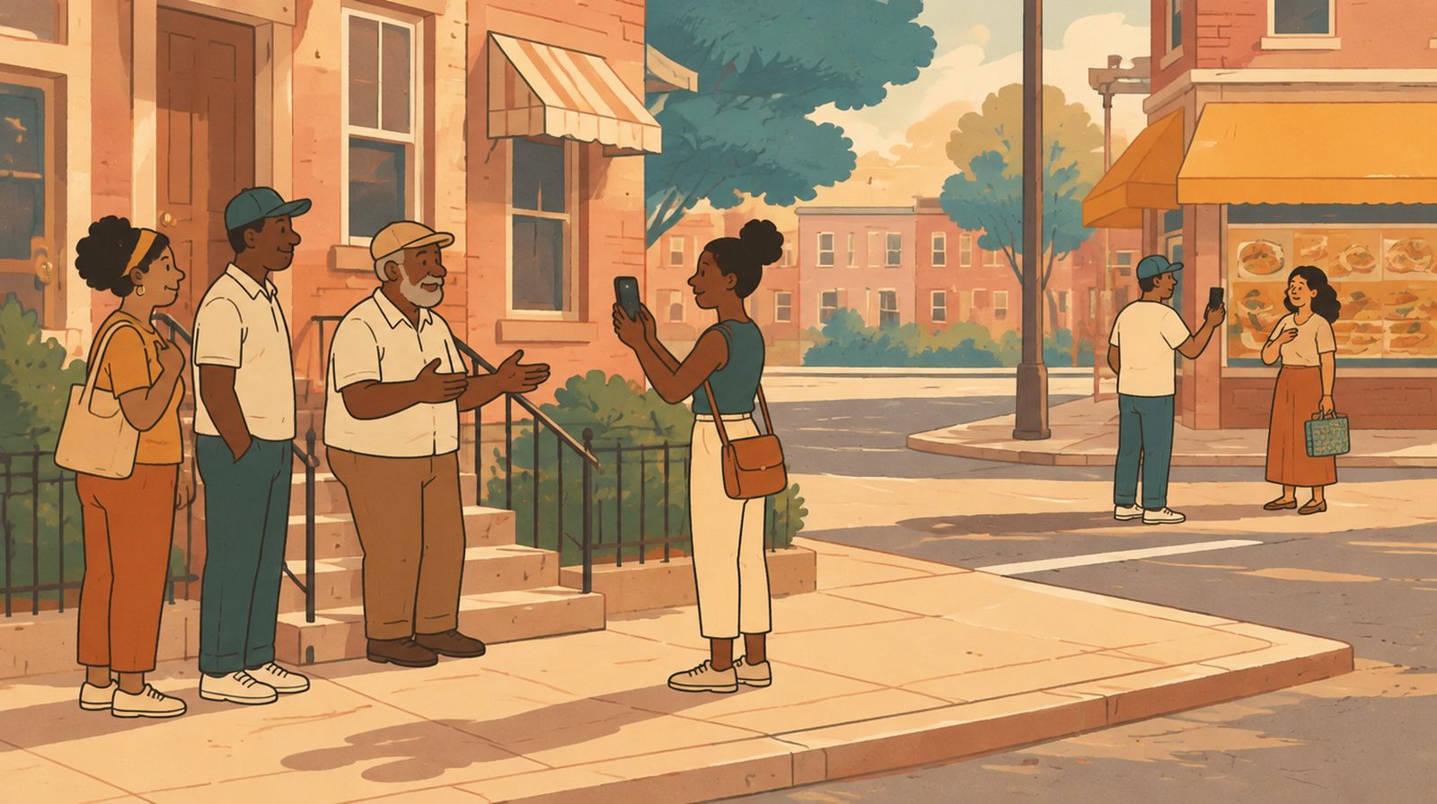 A drawing: on a row-house stoop a young woman films an older man answering with open hands while two neighbours wait their turn, one pointing at herself.