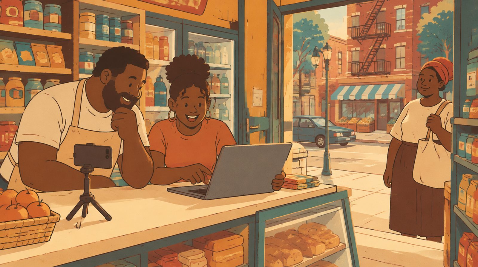 A drawing: in a corner shop, the owner records himself with a phone propped on the counter while a teammate at a laptop turns the screen to show him the short clips cut from it; a customer waits in the doorway and the street is outside.