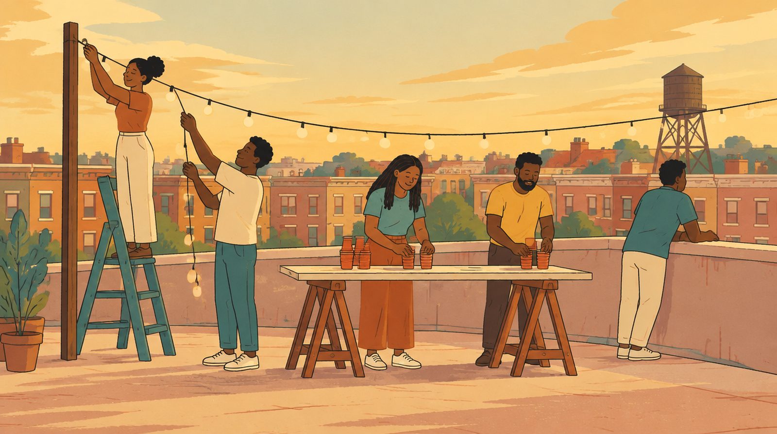 A drawing: on a city rooftop at the end of the day, neighbours string lights from a pole, set out cups on a trestle table and look out over the row houses.