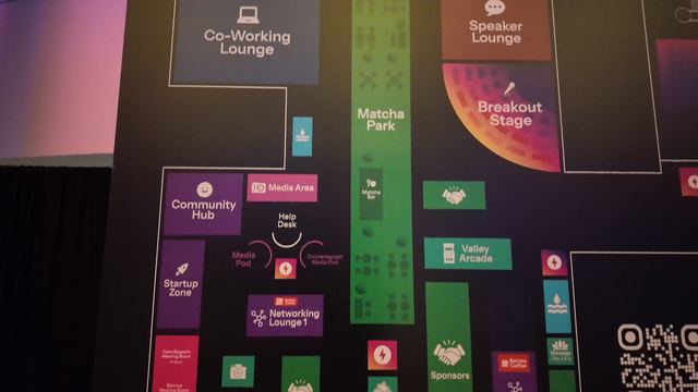 Part of the ETHConf venue map: the Media Area and two media pods beside the Community Hub and the help desk, with the Valley Arcade and Matcha Park to the right.